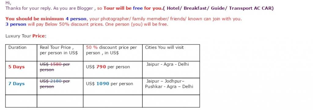 TAV India tour scam bloggers email