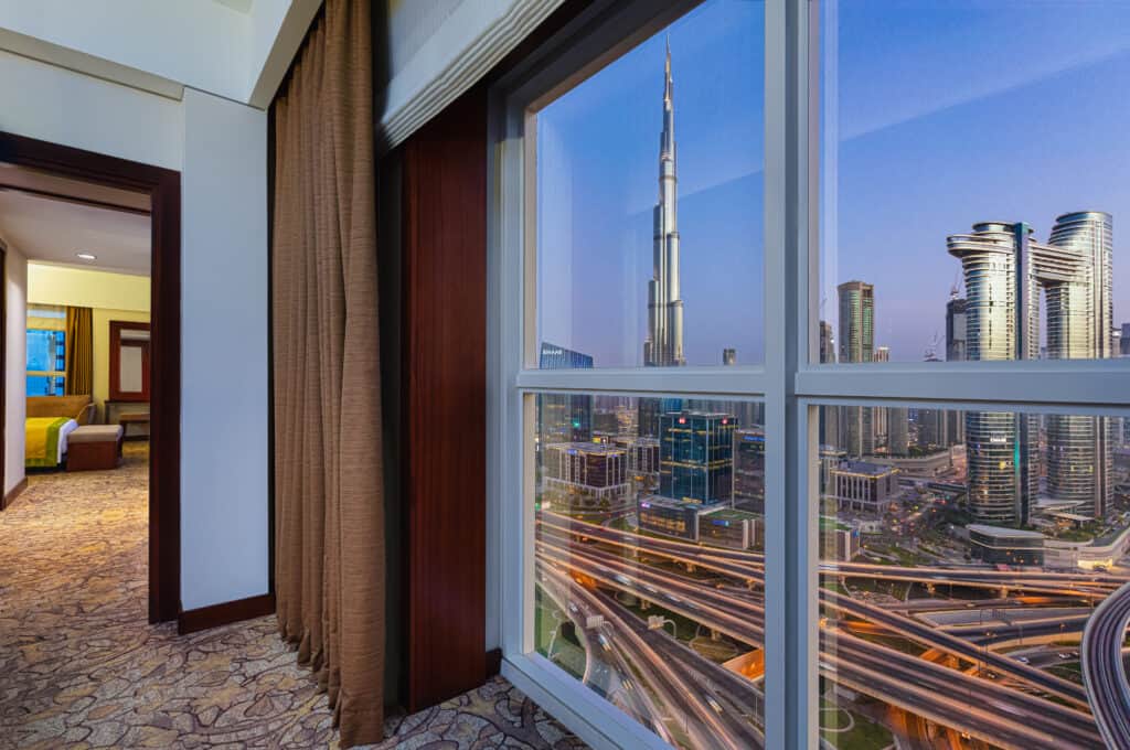 View from a room in Dusit Thani with the Burj Khalifa in the back