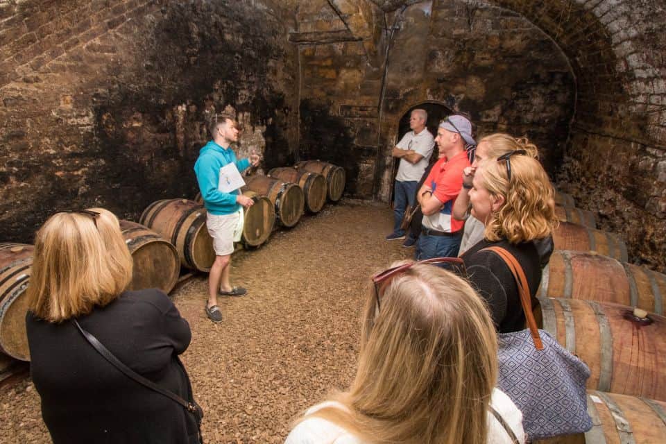 A group of people on wine tours standing in front of wine barrels.