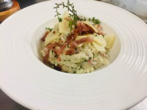 Risotto with bacon and thyme at a restaurant in Chalons en Champagne.