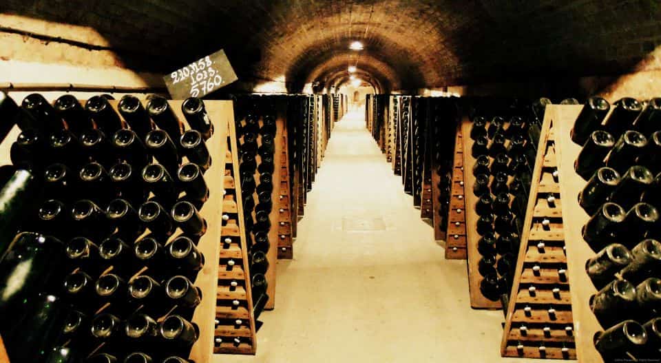 A wine cellar with rows of wine bottles in it.