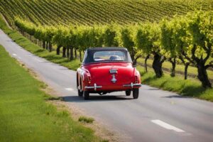 An old red car driving from Paris to Epernay down a country road.