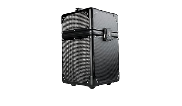 A black wine suitcase with wheels on a white background.
