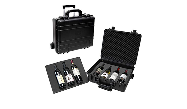 A wine suitcase filled with several bottles of wine.