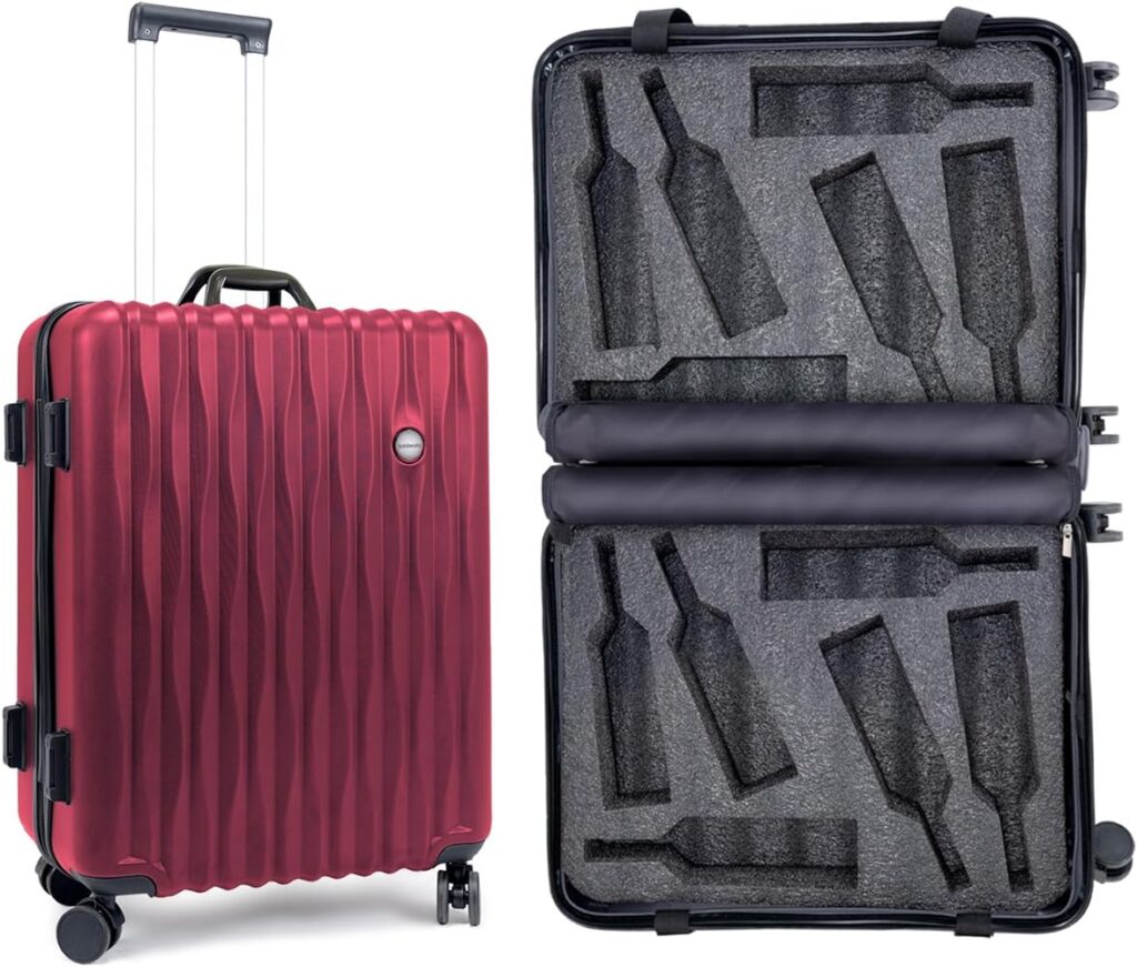 A red wine suitcase with a set of wine bottles in it.