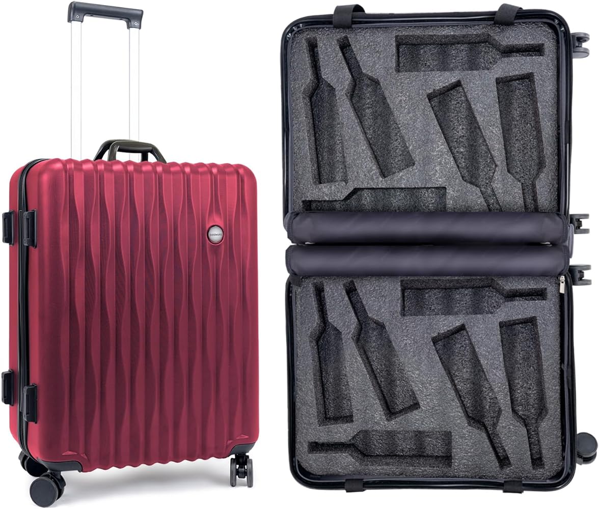A red wine suitcase with a set of bottles in it.