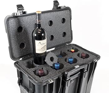 A wine suitcase with six wine bottles in it.