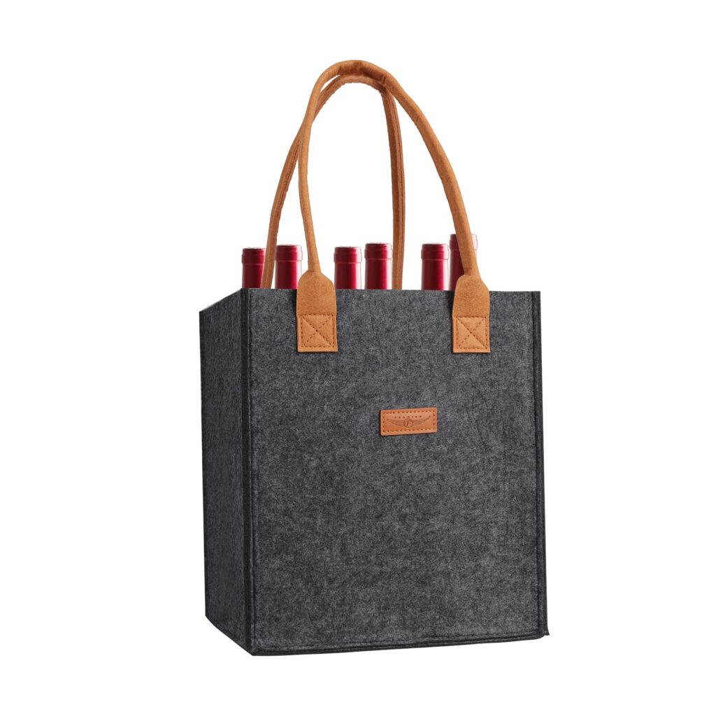 A grey wine bag with leather handles, also known as a wine luggage.