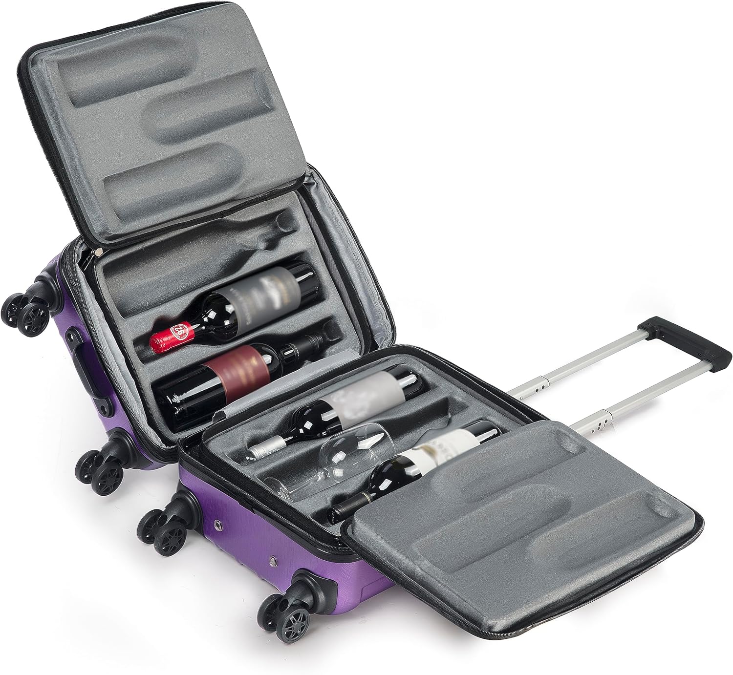 A purple wine suitcase containing bottles.