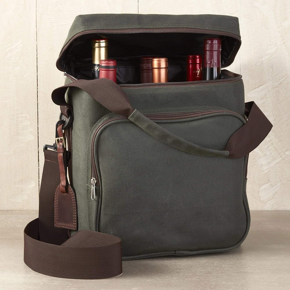 A wine tote with multiple bottles in it, designed as a convenient and stylish wine luggage.
