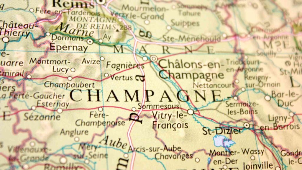 A close up of a map with the city of champagne.