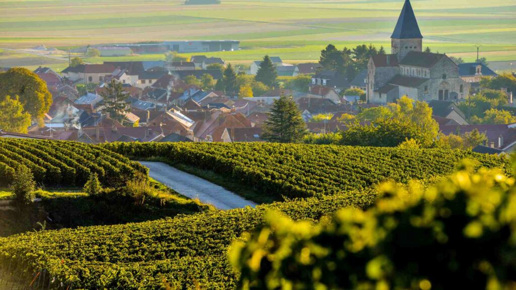 A view of a vineyard with a church in the background.